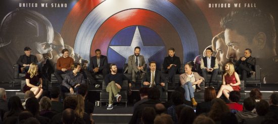 London UK : Kevin Feige, Elizabeth Olsen, Daniel Bruhl, Sebastian Stan, Anthony Mackie, Chris Evans, Paul Rudd, Robert Downey JR, Jeremy Renner, Paul Bettany, Anthony Russo, Emily VanCamp and joe Russo attend the European Press Conference Of Marvel's "Captain America: Civil War” in London on April, 2016. (Credit  : James Gillham / StingMedia for Disney)